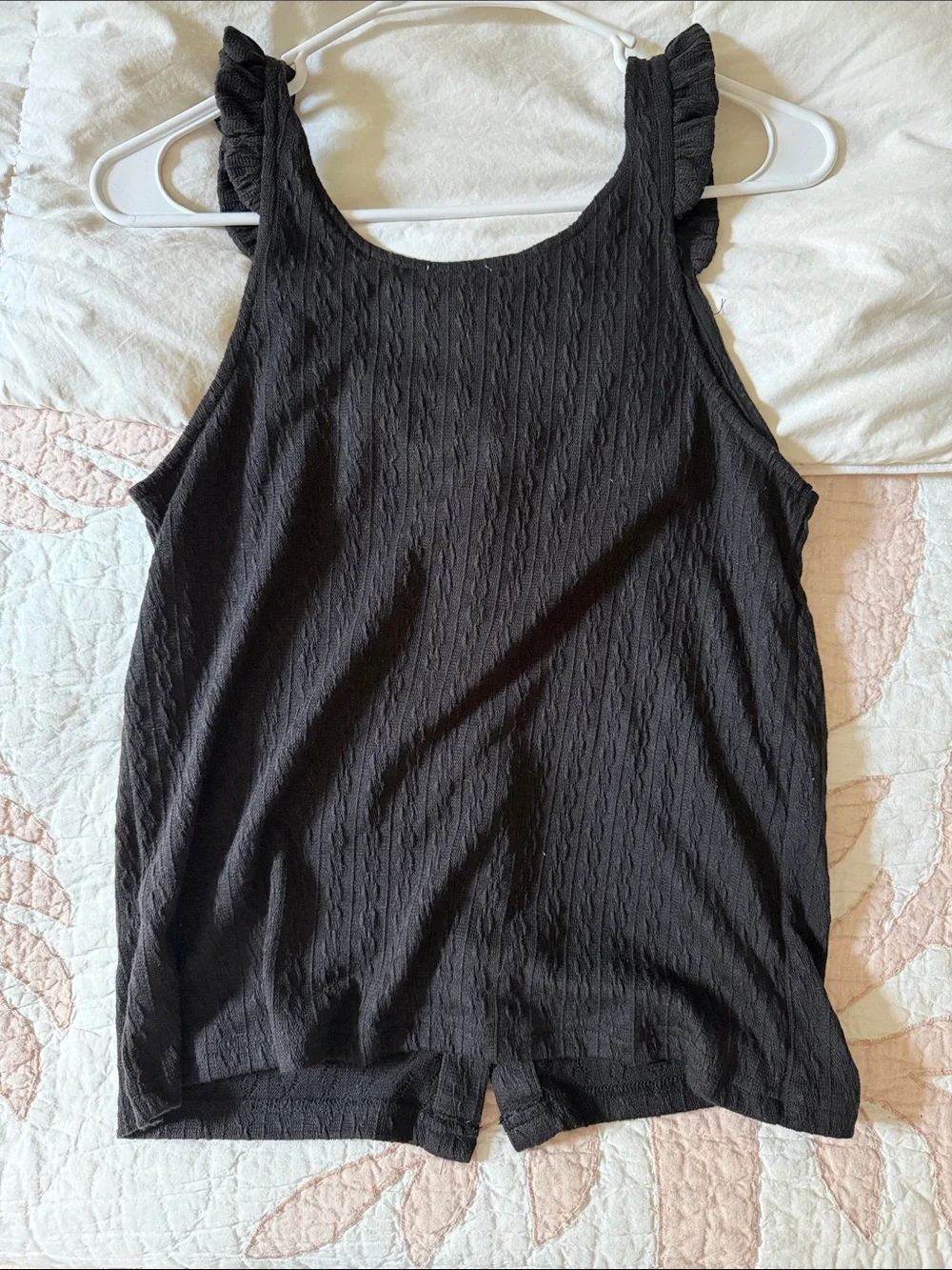 Ruffled Strap Black Button-Front Tank Top